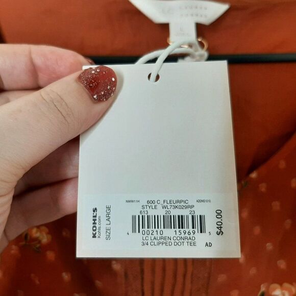 LC Lauren Conrad 3/4 Clipped Floral Dot Blouse in Rust Orange sz L NWT - Picture 7 of 8